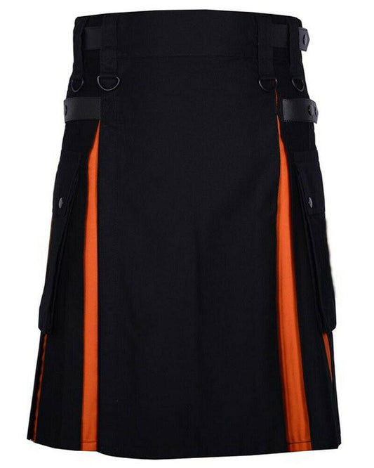 Scottish Men’s Black & Orange Hybrid Utility Kilt – Modern Fashion Pleated Kilt with Side Pockets & Adjustable Straps