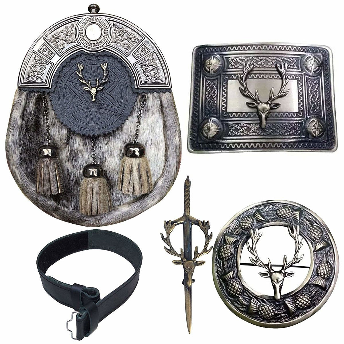 Scottish Men Kilt Antique Sporran Badge Style Stag Head Kilt Pin Buckle Fly Plaid Brooch