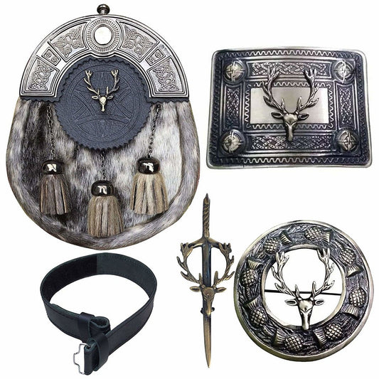 Scottish Men Kilt Antique Sporran Badge Style Stag Head Kilt Pin Buckle Fly Plaid Brooch