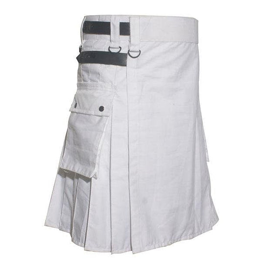 Scottish Men Utility Kilt White Utility Kilt Leather Straps Fashion Active Sport Kilt