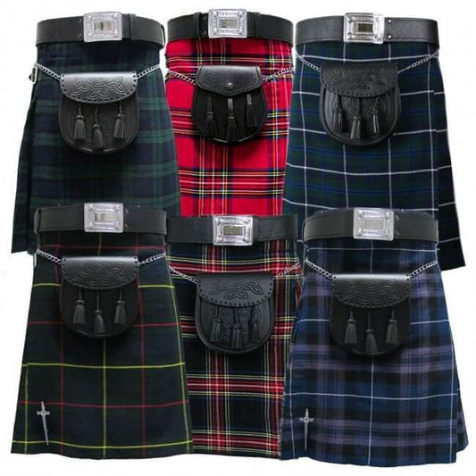 Scottish Men's Kilt Set Sporran, Chain,  Belt, Buckle, Pin Traditional Dress Tartan Kilts