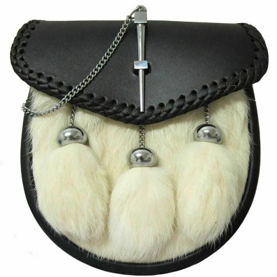 Scottish Men's Kilt White Rabbit fur  Pin-Lock Semi-Dress Sporran Pin Closure