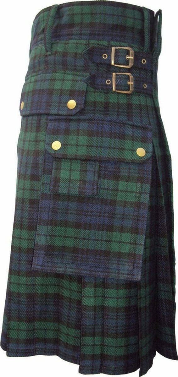Scottish Modern Black Watch Tartan Utility Fashion Pocket Active Men Kilt