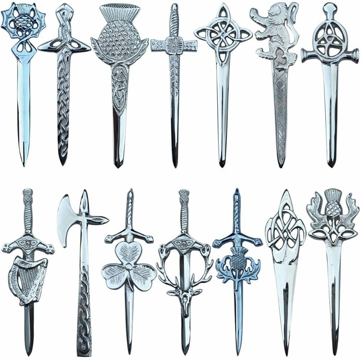 Scottish Thistle Kilt Pins Various Design Chrome Finish 4" Kilts Pin Celtic Knot