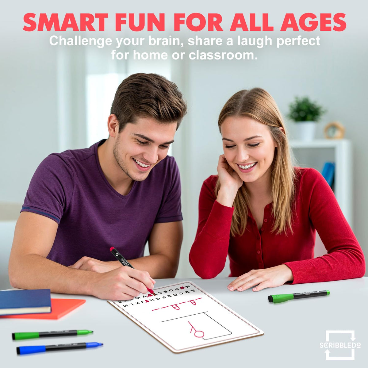 Scribbledo Hangman Board Game – 9x12 Dry Erase, Double-Sided Whiteboard for Travel & Classrooms