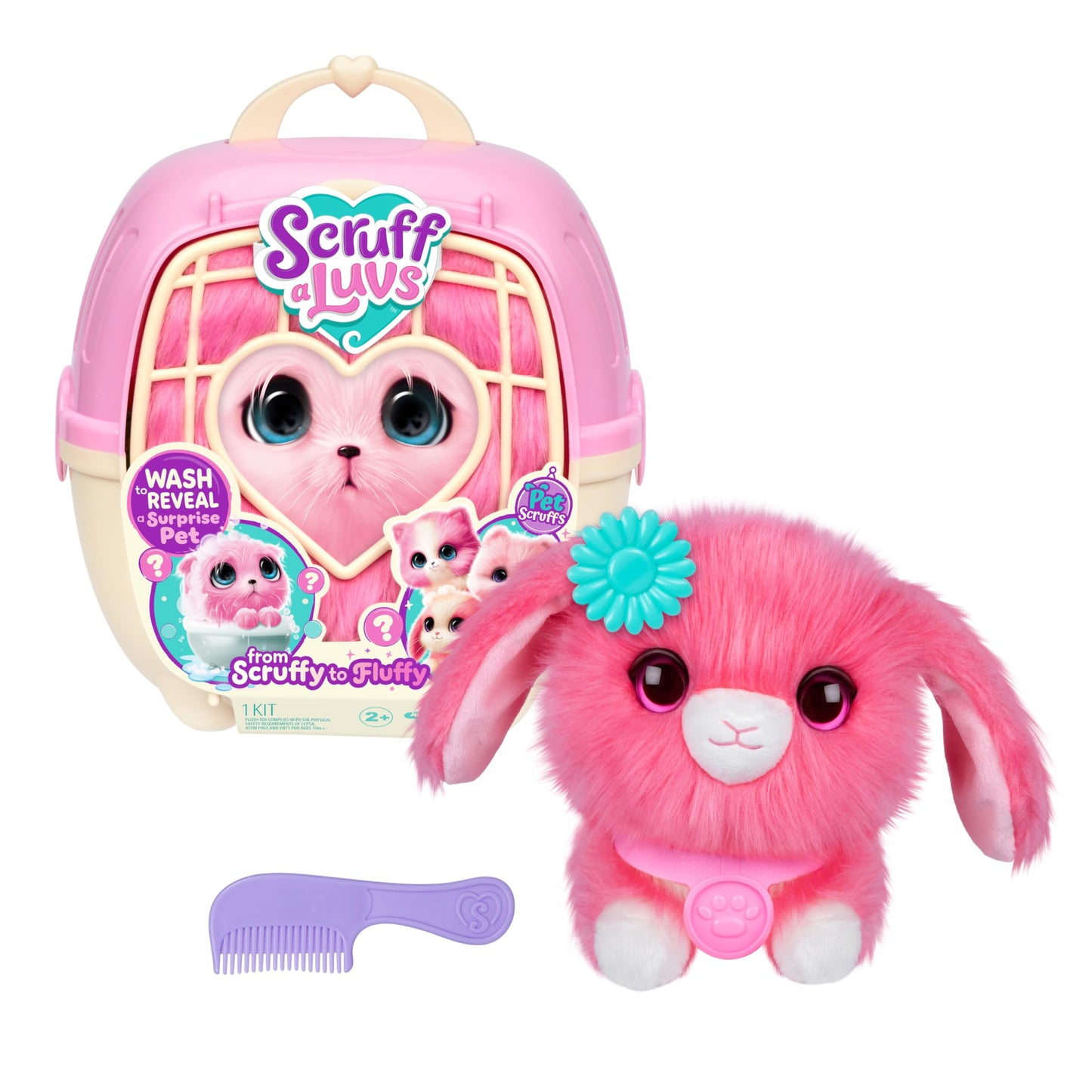SCRUFFALUVS Pink Surprise Pet – Mystery Plush with Wash to Reveal & Deluxe Carrier