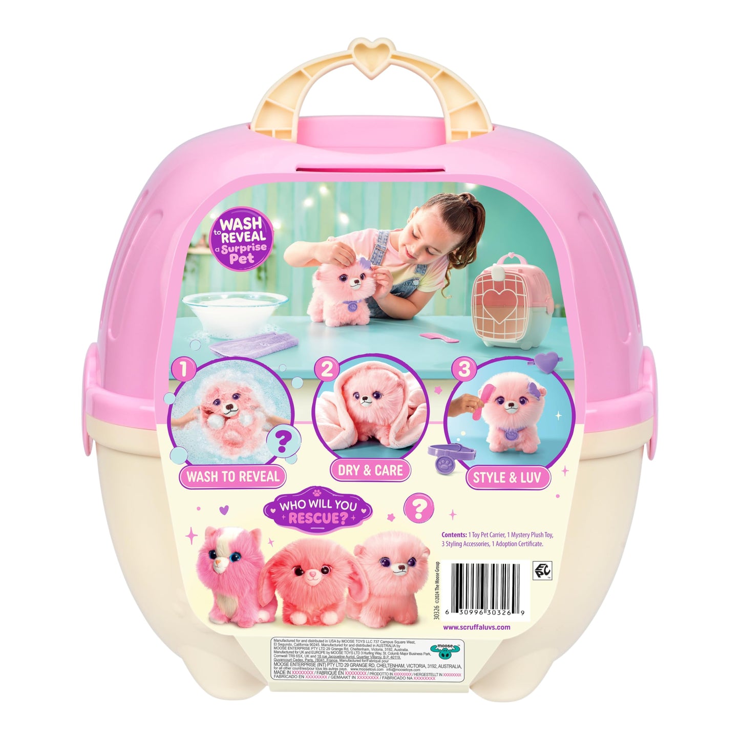 SCRUFFALUVS Pink Surprise Pet – Mystery Plush with Wash to Reveal & Deluxe Carrier