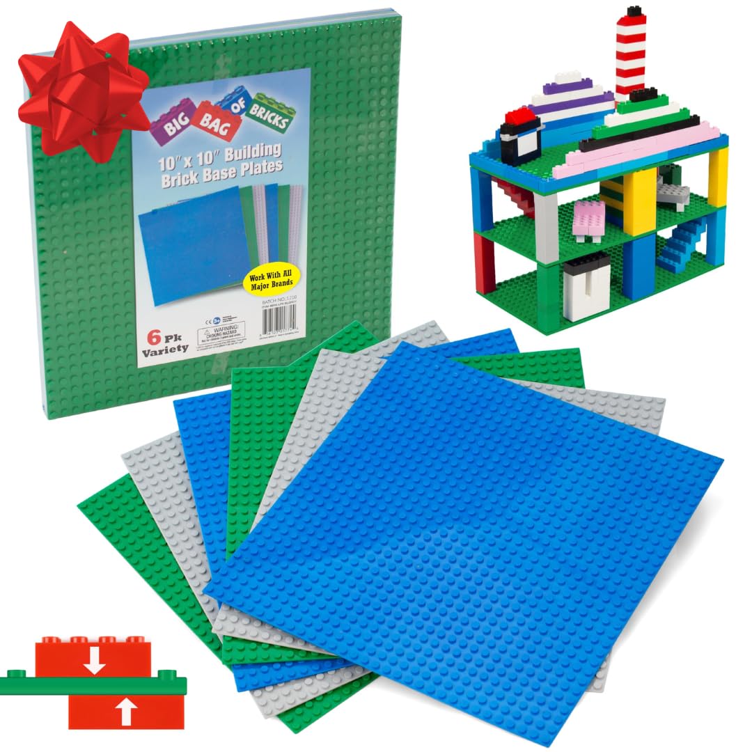 SCS Direct Classic Baseplates 10x10 – 6-Pack, MultiColors, Dual-Sided Connectivity, Compatible with All Major Brands