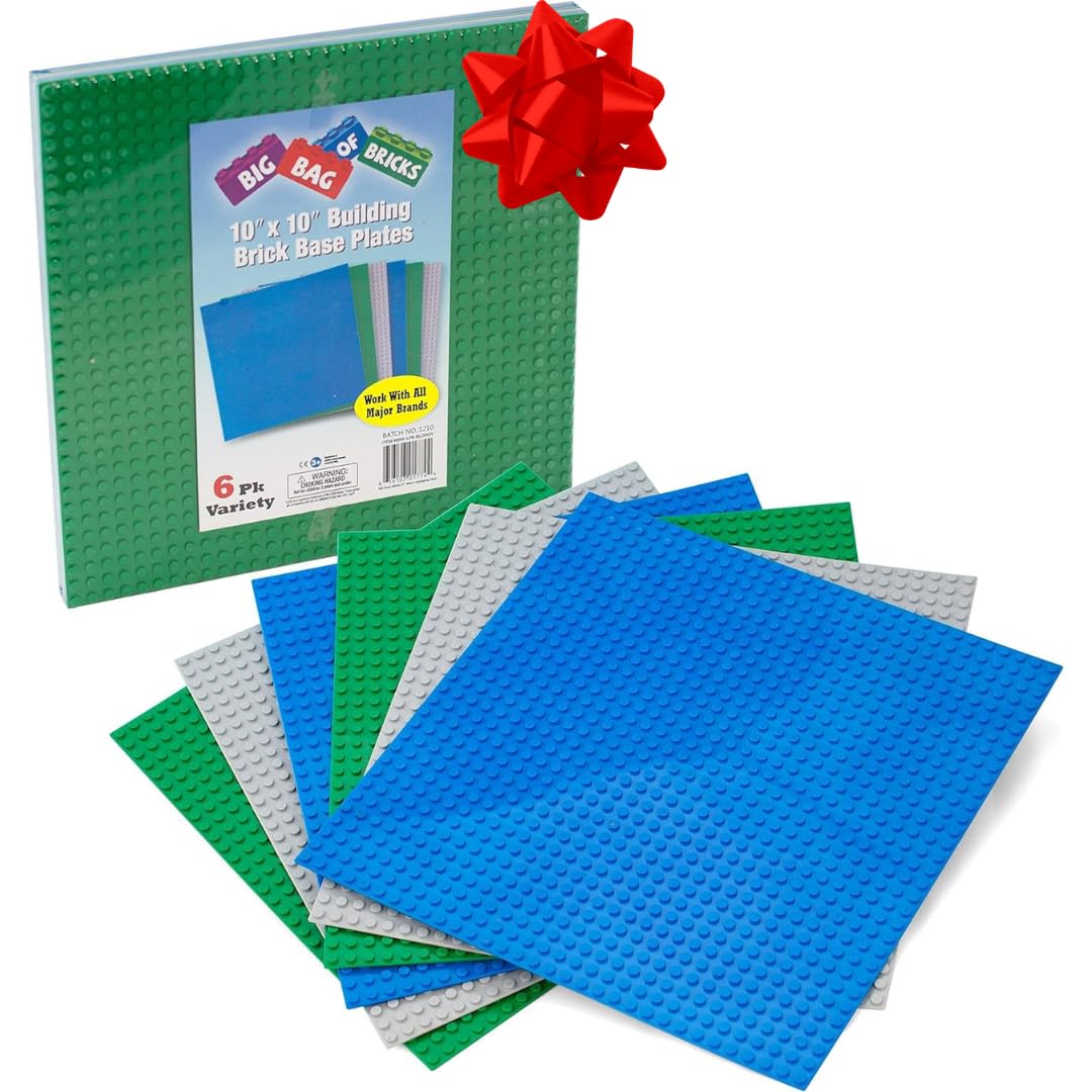 SCS Direct Classic Baseplates 10x10 – 6-Pack, MultiColors, Dual-Sided Connectivity, Compatible with All Major Brands