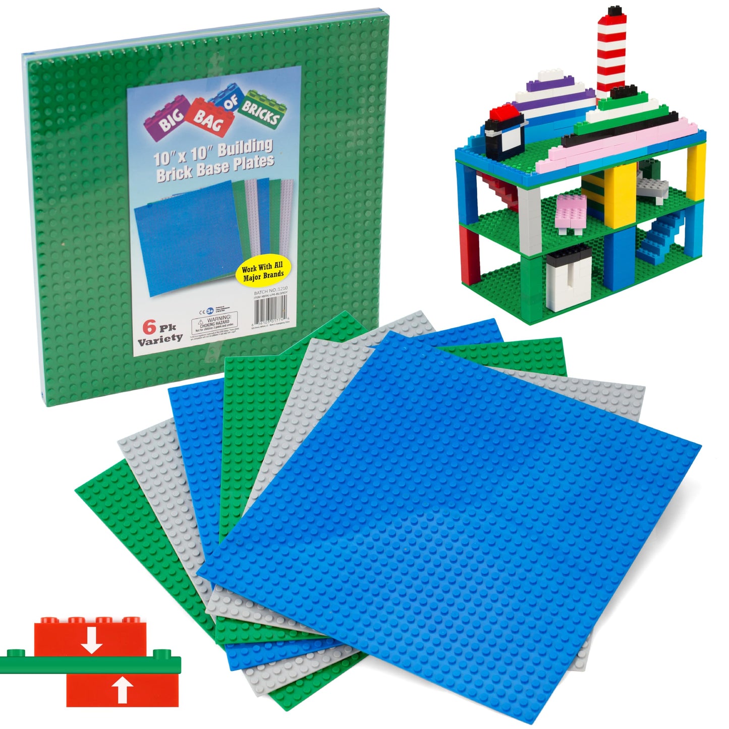 SCS Direct Classic Baseplates 10x10 – 6-Pack, MultiColors, Dual-Sided Connectivity, Compatible with All Major Brands