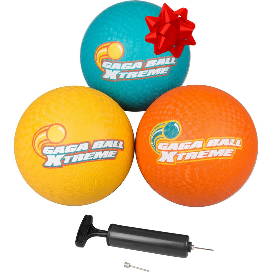 SCS Direct Gaga Ball 8.5-Inch Playground Balls (3 Pack) with Pump – Durable Rubber for Outdoor Play