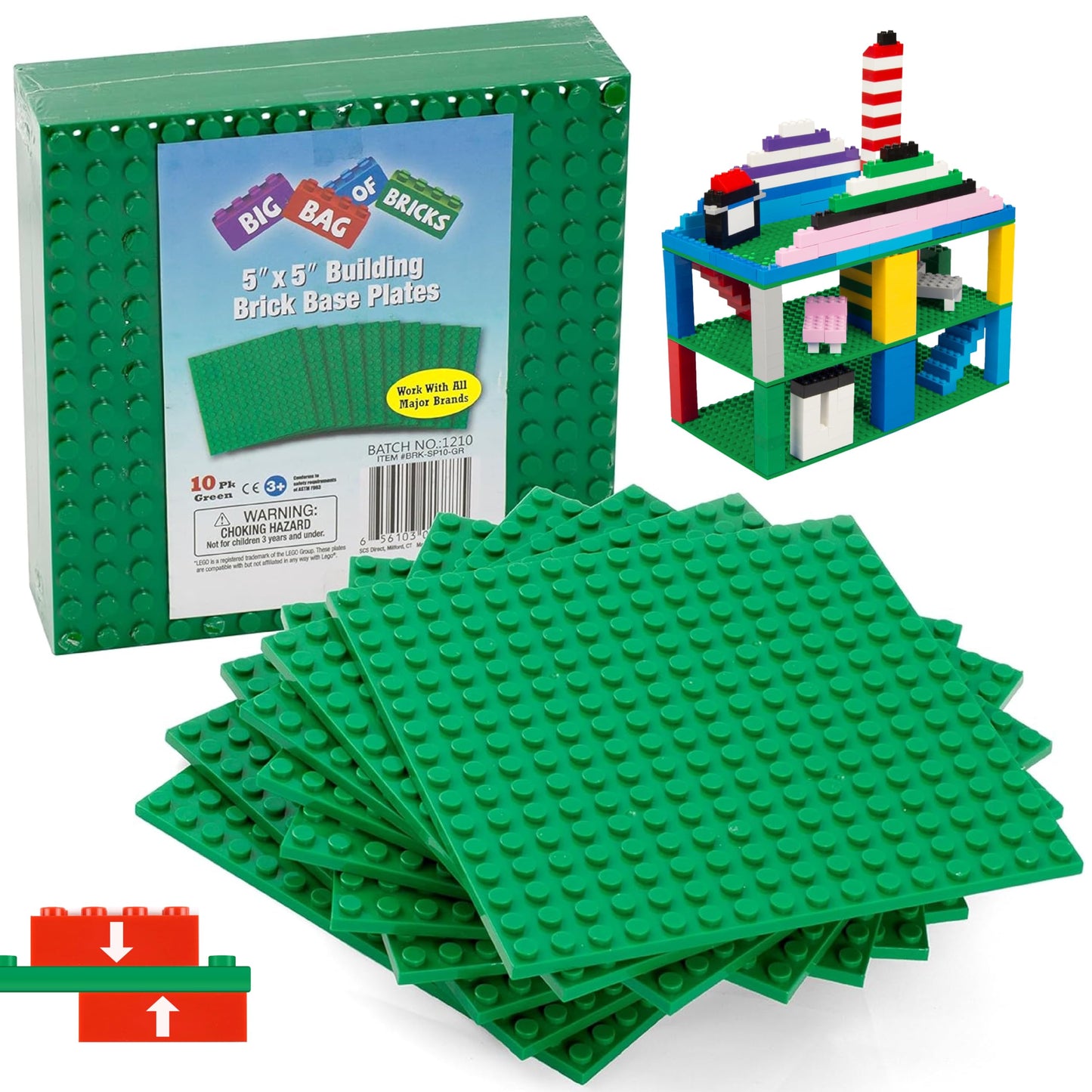 SCS Direct Green Baseplates 5x5 – 10 Pack, Dual Connectivity, Tight Fit