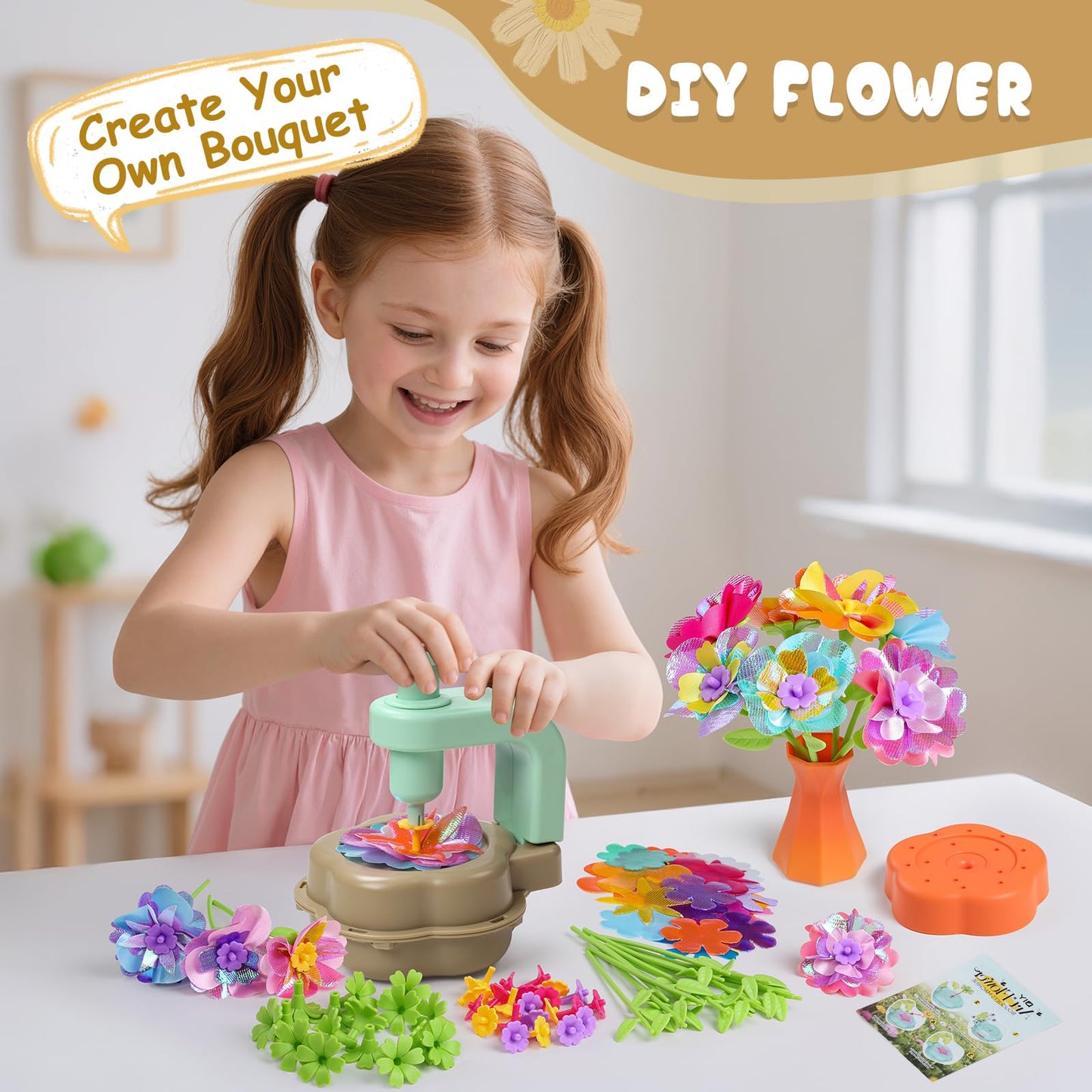Scvcid DIY Art Flower Toys Kit with Free Extra Accessories – Fabric Bouquet Craft for Kids Aged 3-12