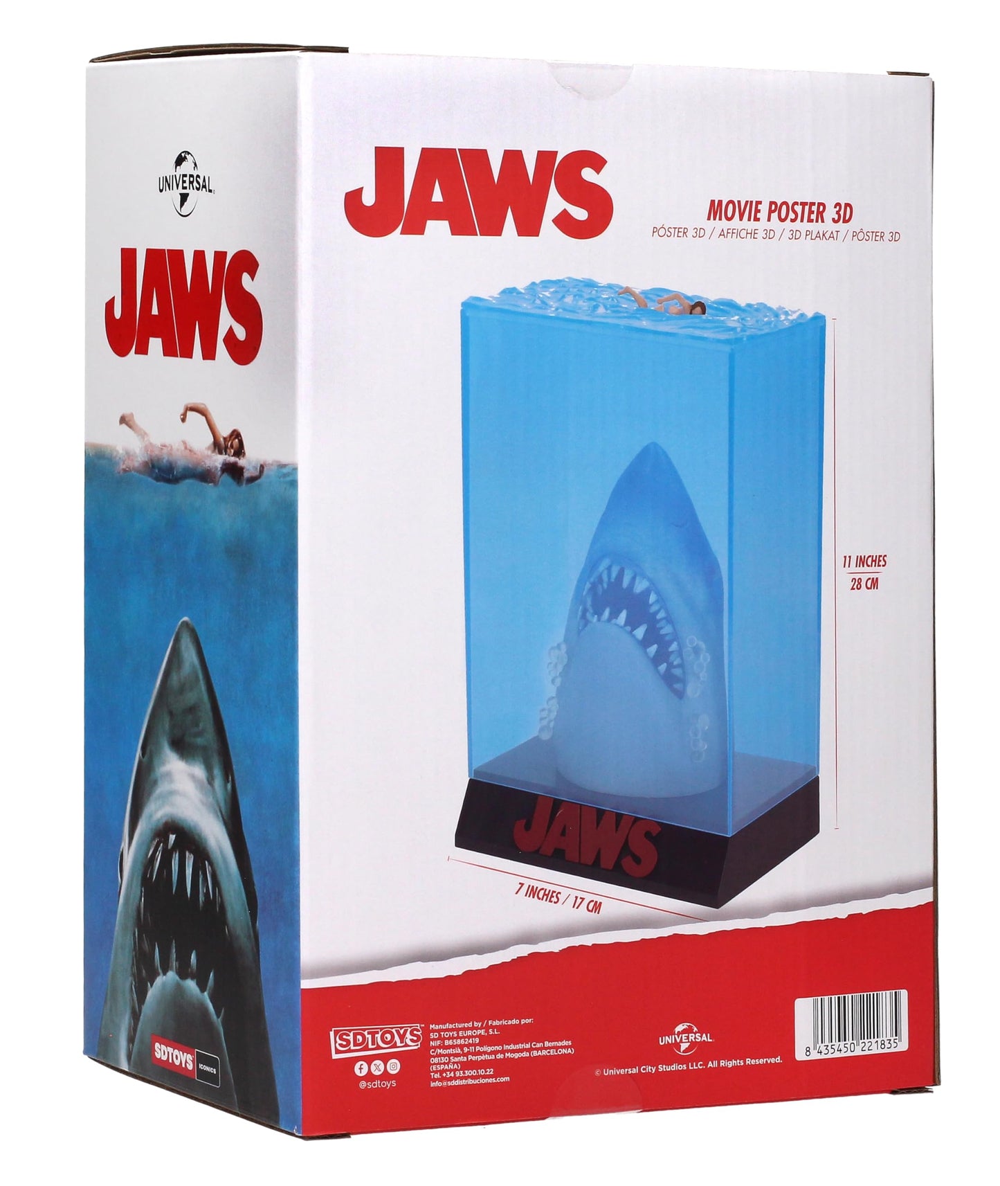 SD TOYS Jaws 3D Poster Statue – Blue-Printed White Shark, 25 cm Tall