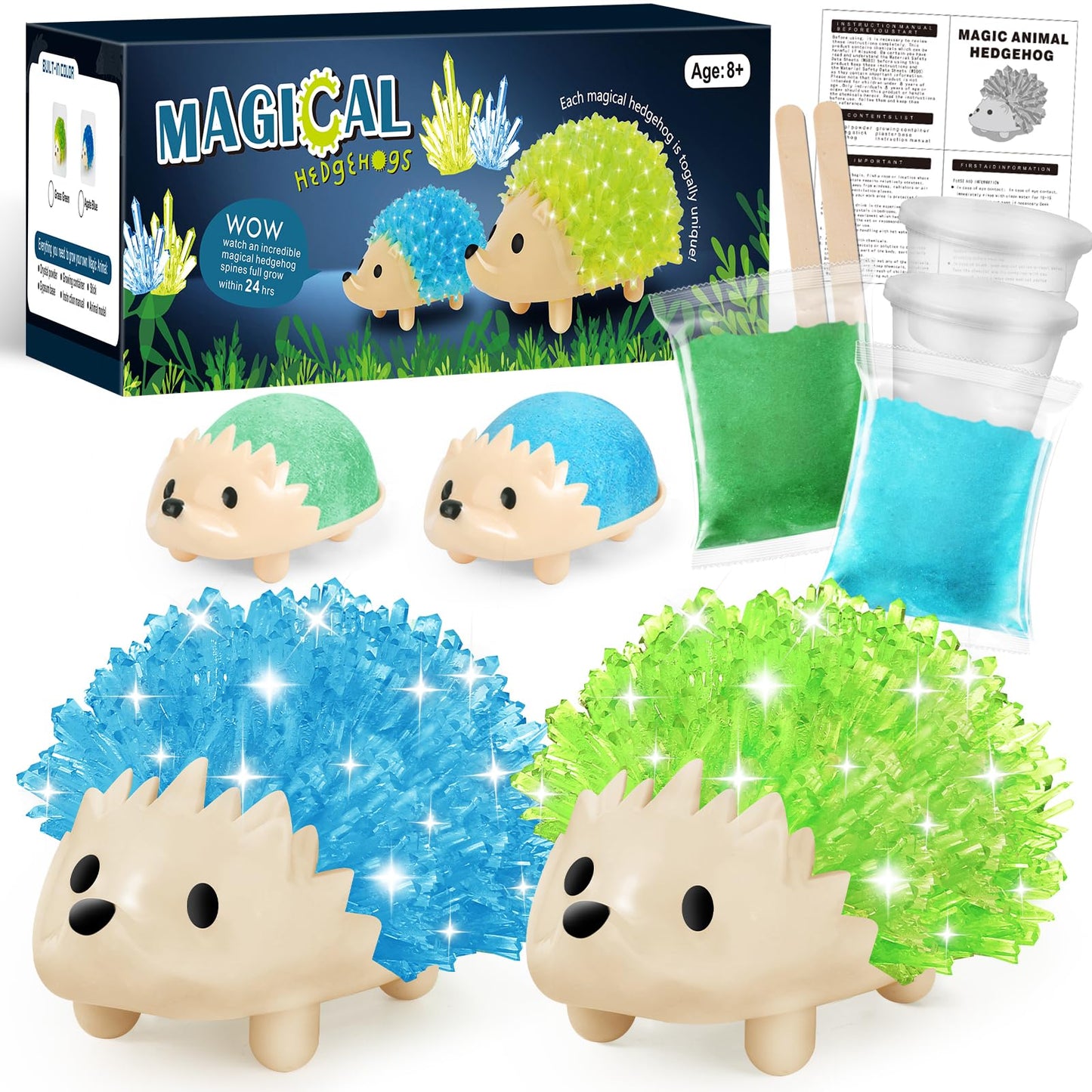 Sdaymol Crystal Growing Kit for Kids – Hedgehog Crystals in Blue & Green (24H)