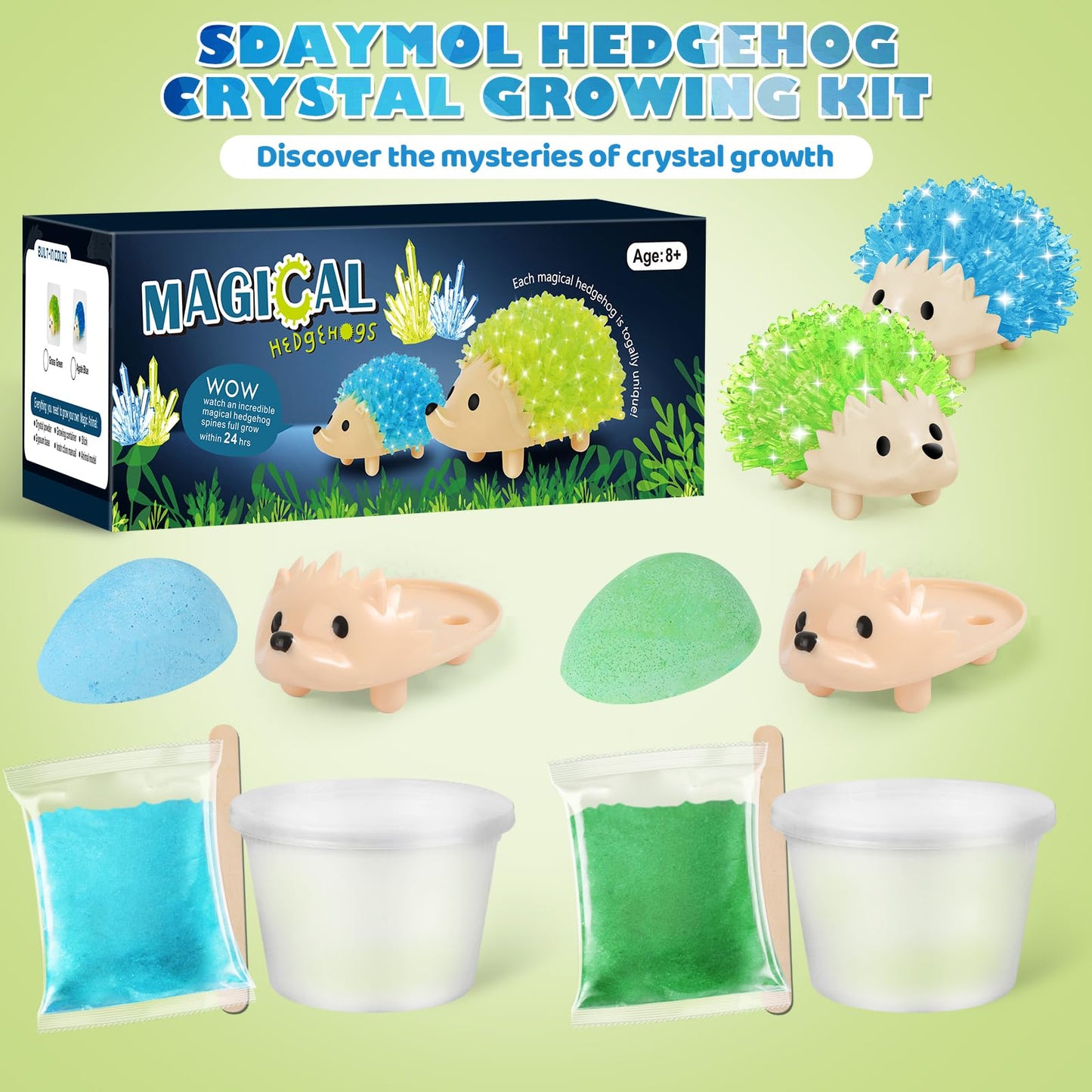 Sdaymol Crystal Growing Kit for Kids – Hedgehog Crystals in Blue & Green (24H)