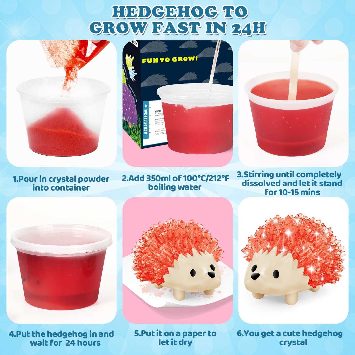 sdaymol Crystal Growing Kit for Kids – 4-Color Hedgehog Crystals Grow in 24H | STEM Education Toy