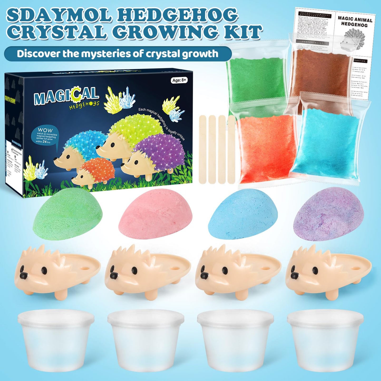 sdaymol Crystal Growing Kit for Kids – 4-Color Hedgehog Crystals Grow in 24H | STEM Education Toy