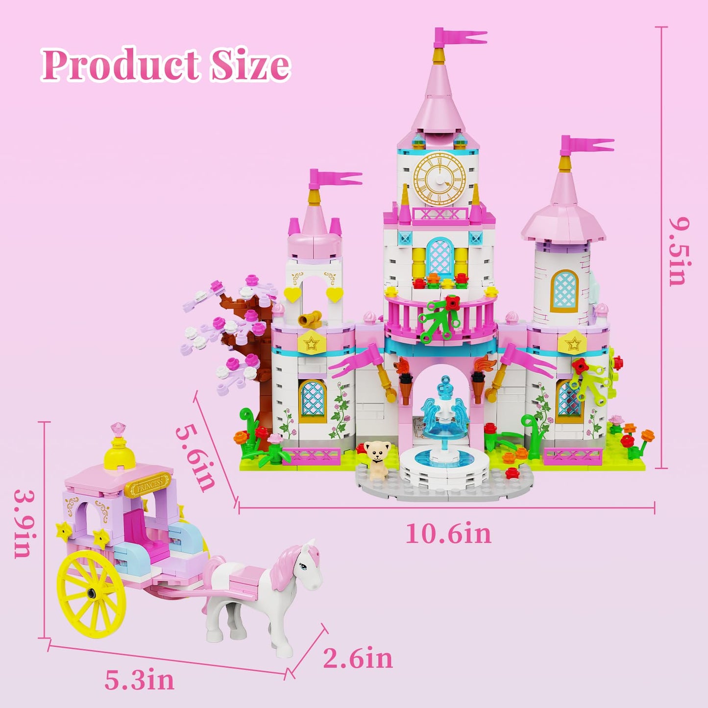 SDVWSF Princess Castle 634-Piece Building Blocks Set – Rotating Fountain & Movable Carriage