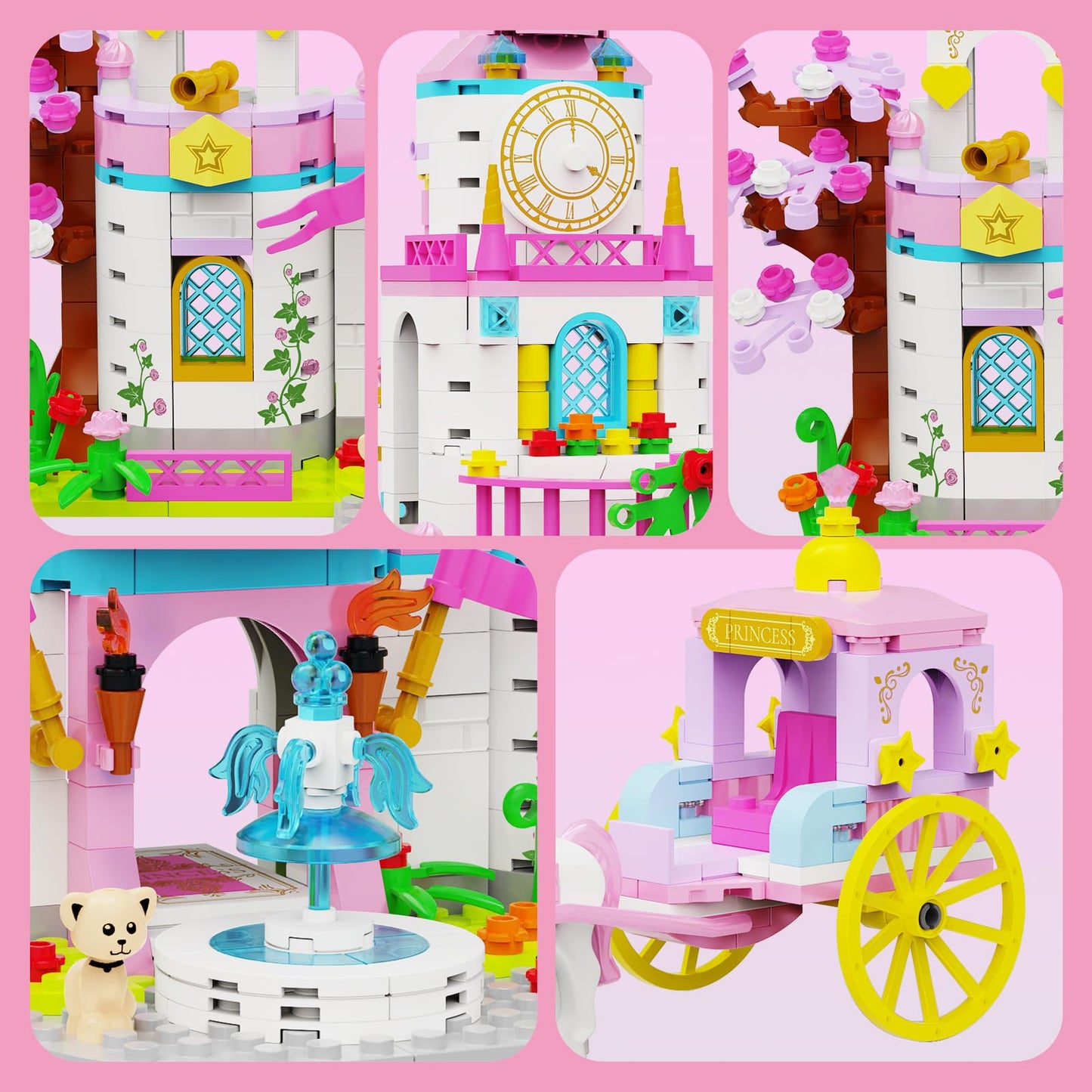 SDVWSF Princess Castle 634-Piece Building Blocks Set – Rotating Fountain & Movable Carriage