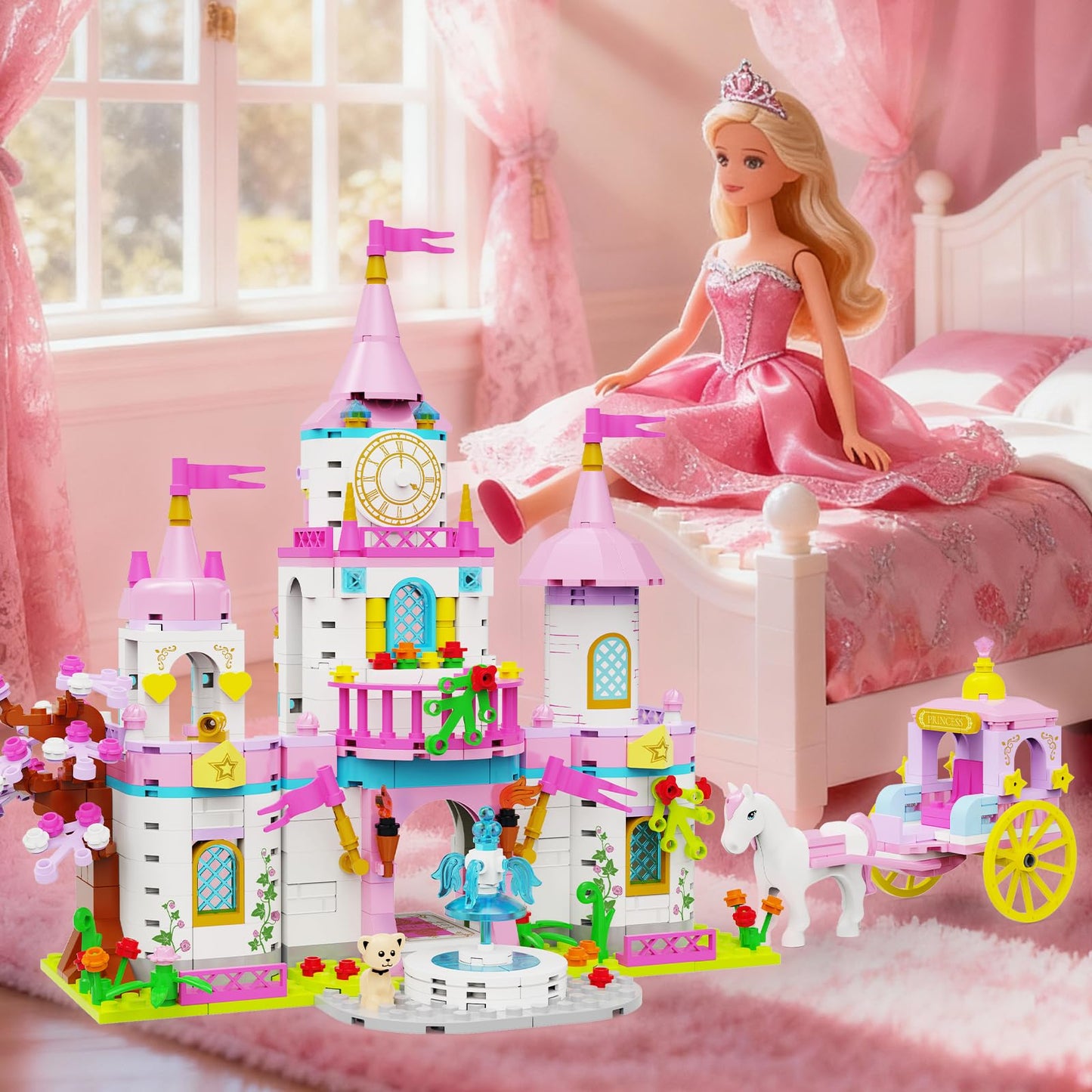 SDVWSF Princess Castle 634-Piece Building Blocks Set – Rotating Fountain & Movable Carriage