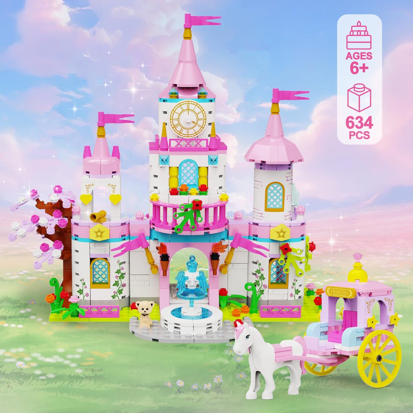SDVWSF Princess Castle 634-Piece Building Blocks Set – Rotating Fountain & Movable Carriage