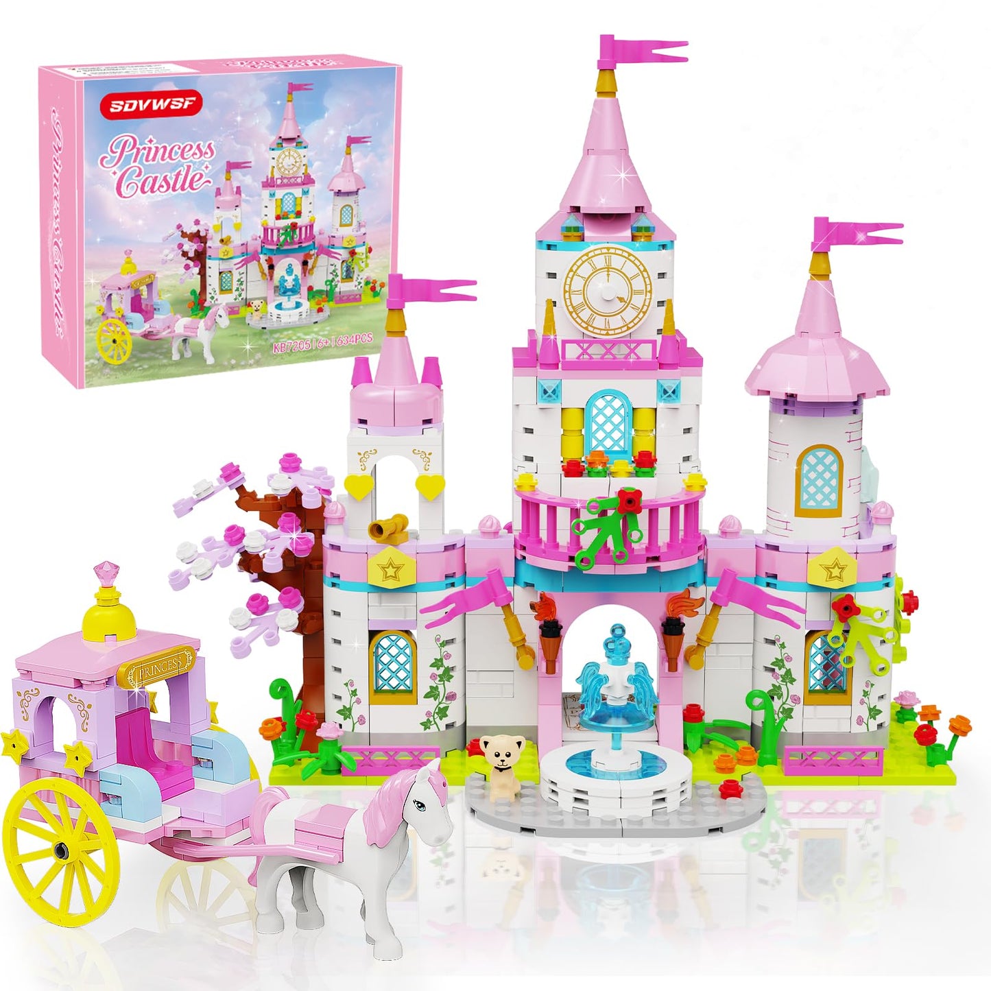 SDVWSF Princess Castle 634-Piece Building Blocks Set – Rotating Fountain & Movable Carriage