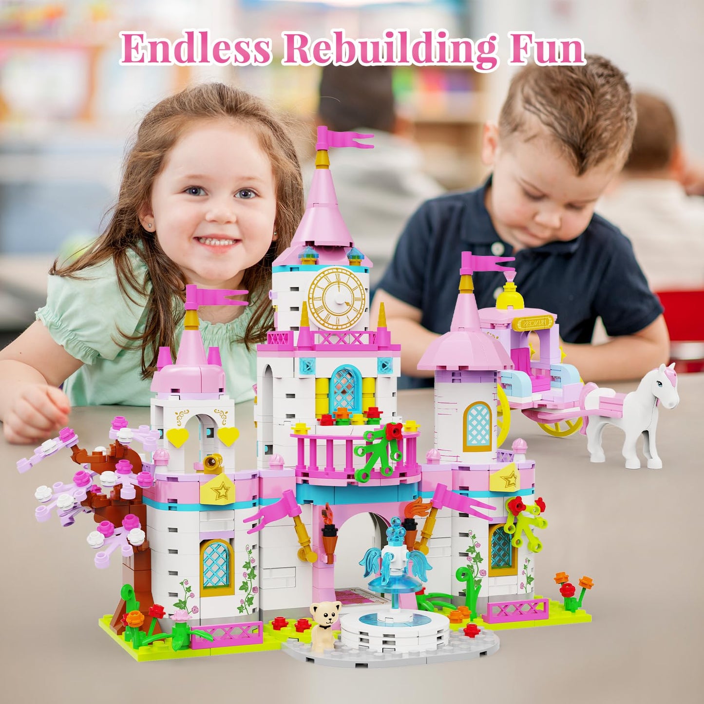 SDVWSF Princess Castle 634-Piece Building Blocks Set – Rotating Fountain & Movable Carriage