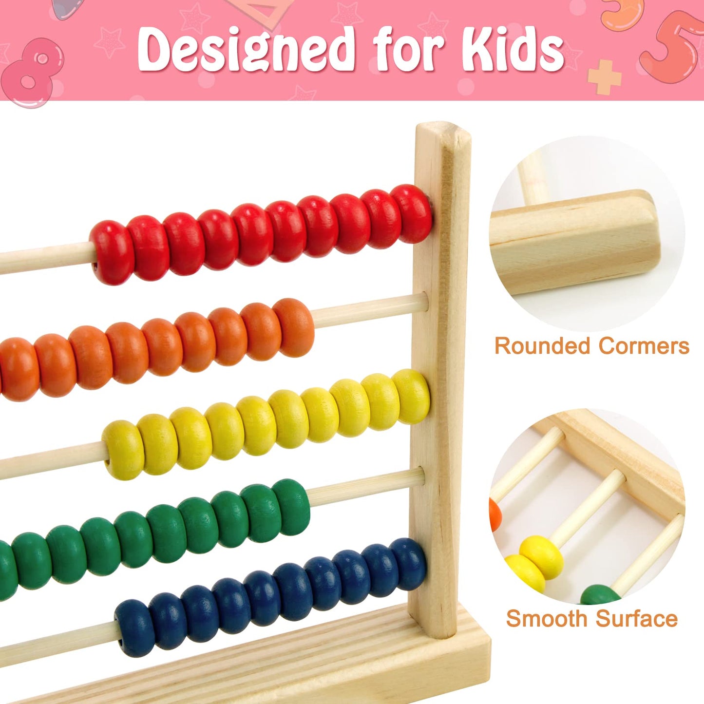 Sealive Wooden Abacus for Kids 50 Beads – Count and Learn for Preschool