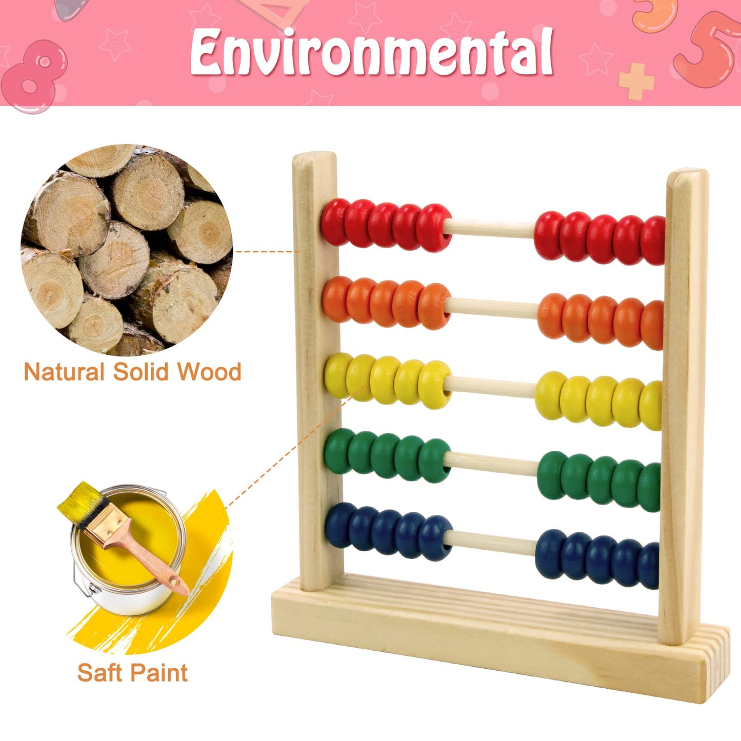 Sealive Wooden Abacus for Kids 50 Beads – Count and Learn for Preschool