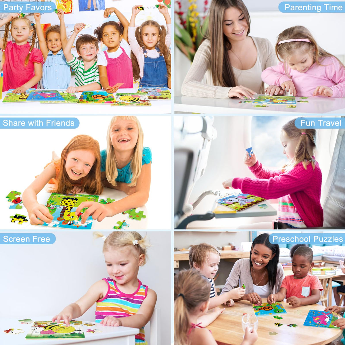 Sealive 6 Pack Wooden Jigsaw Puzzles for Kids Aged 3-5 – 16-Piece Animal Puzzles & Montessori Learning Toys
