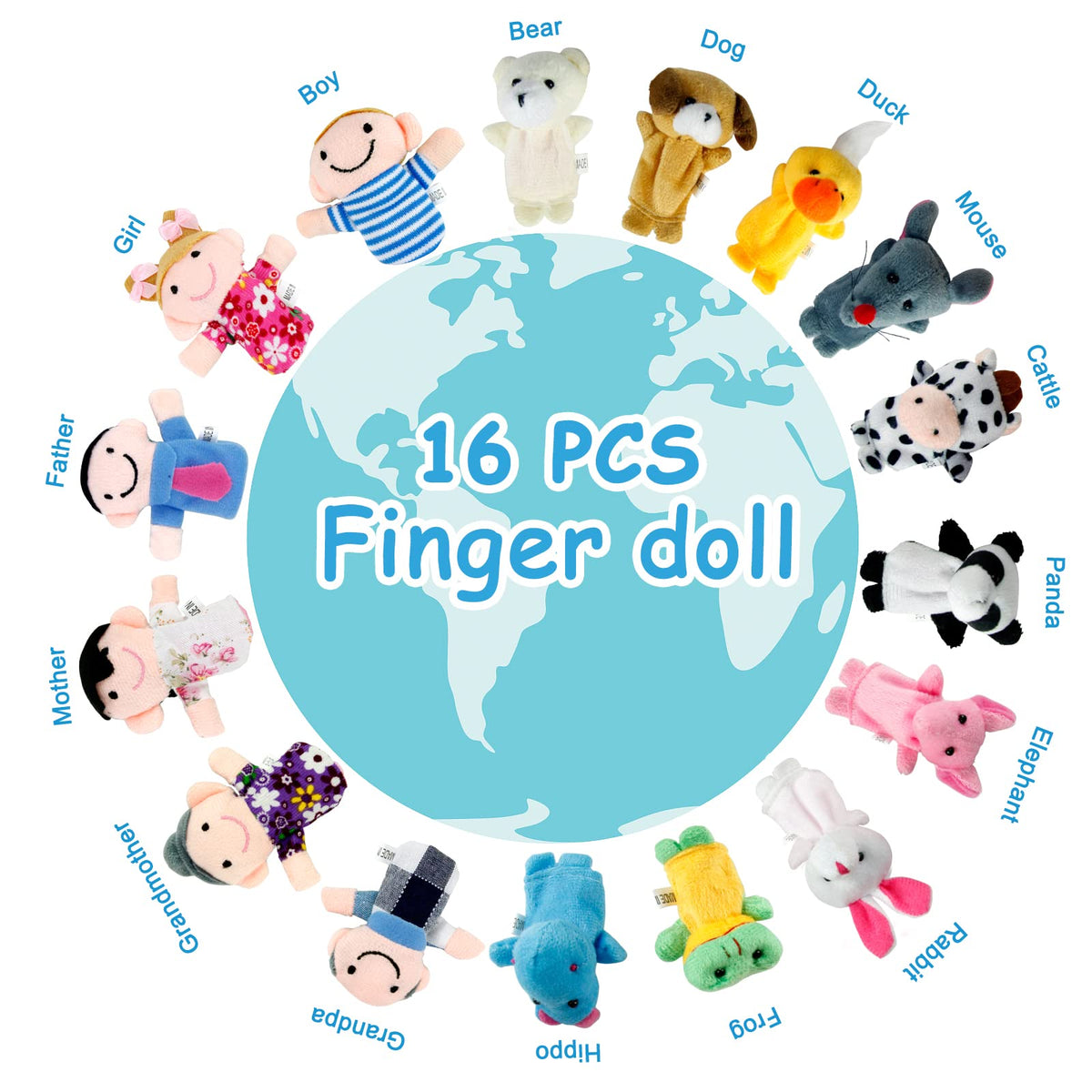 Sealive 16-Piece Finger Puppets for Toddlers – Soft Velvet Animals & Family Set