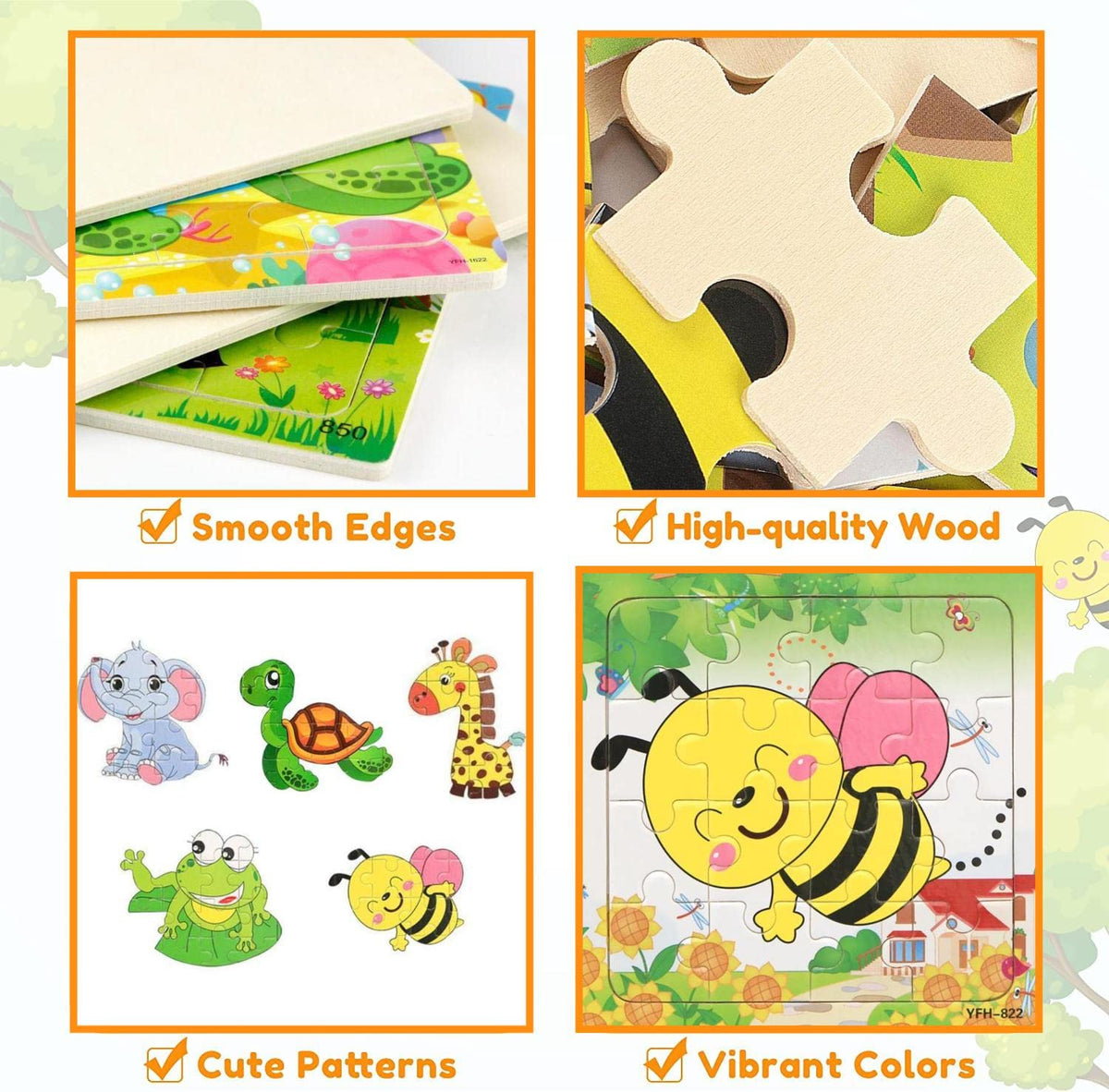 Sealive 6 Pack Wooden Jigsaw Puzzles for Kids Aged 3-5 – 16-Piece Animal Puzzles & Montessori Learning Toys