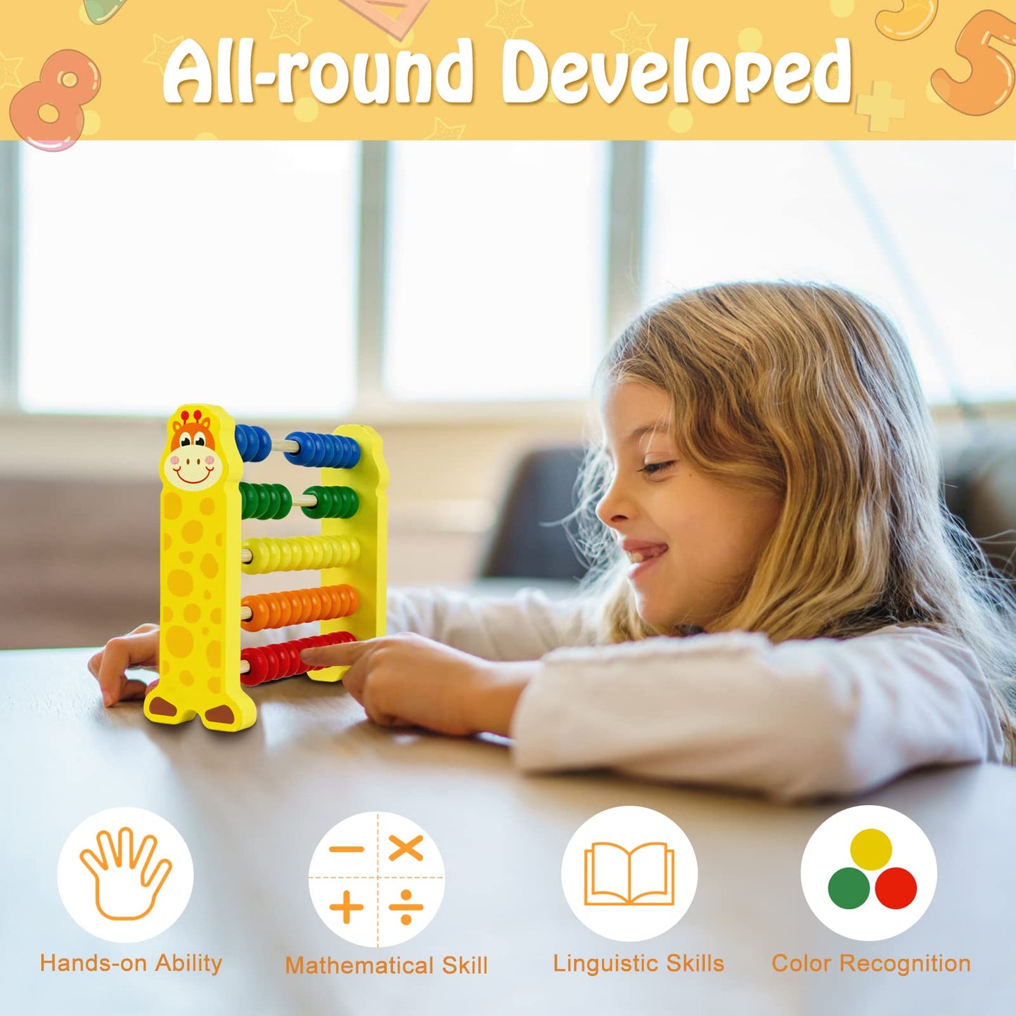 Sealive Wooden Counting Toy — 50-Bead Abacus for Kids, Giraffe Counters, Preschool Learning