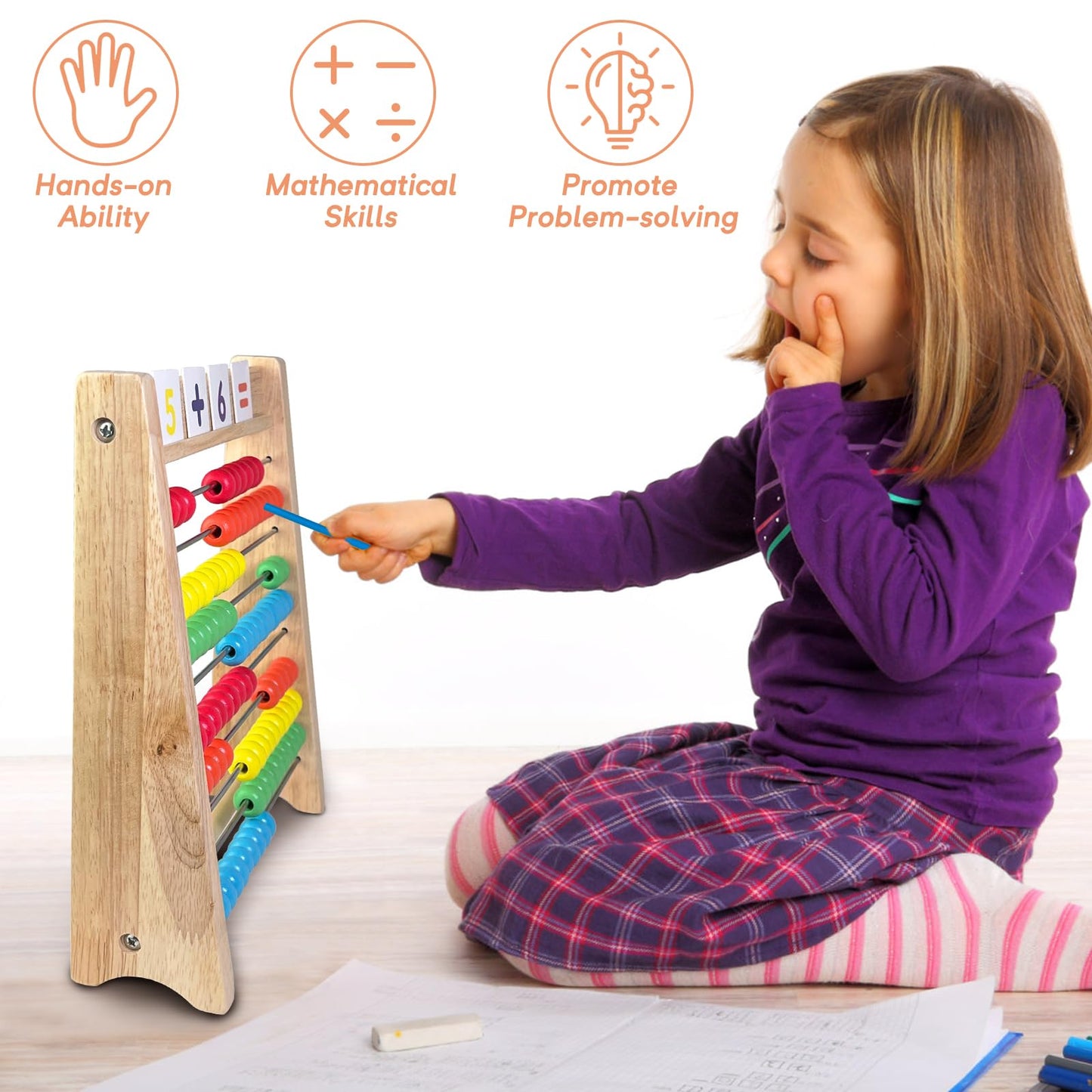 Sealive Wooden Abacus for Kids — 10-Row Counting Frame with Cards and Sticks