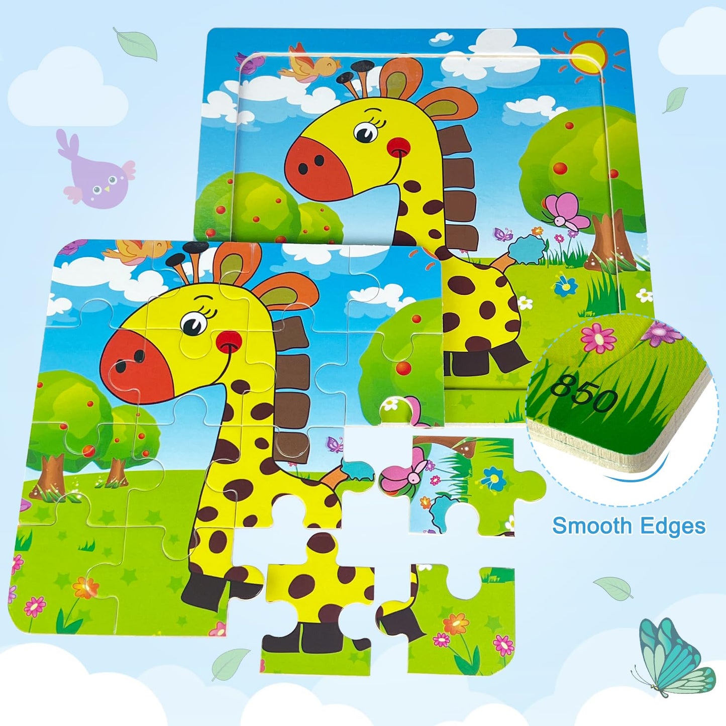 Sealive 6 Pack Wooden Jigsaw Puzzles for Kids Aged 3-5 – 16-Piece Animal Puzzles & Montessori Learning Toys