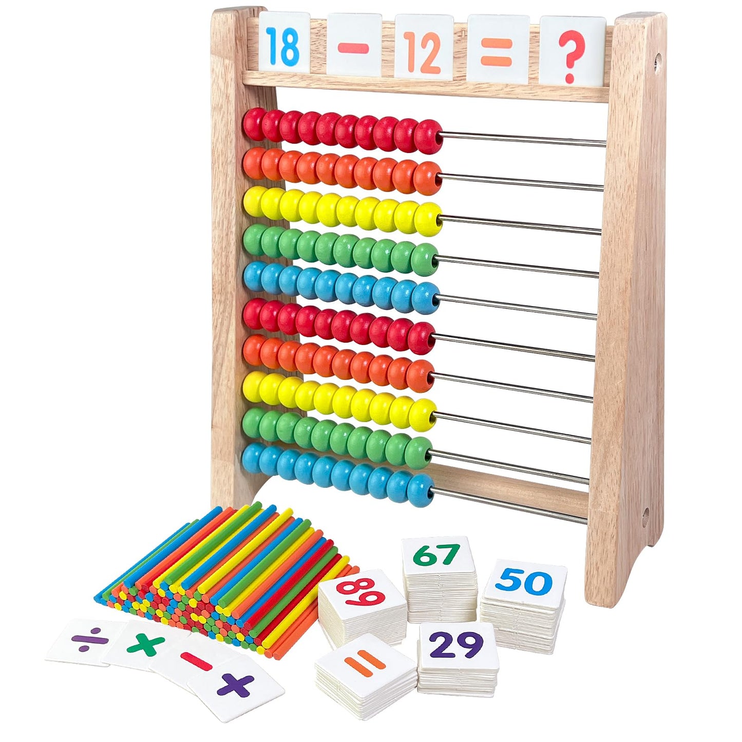 Sealive Wooden Abacus for Kids — 10-Row Counting Frame with Cards and Sticks