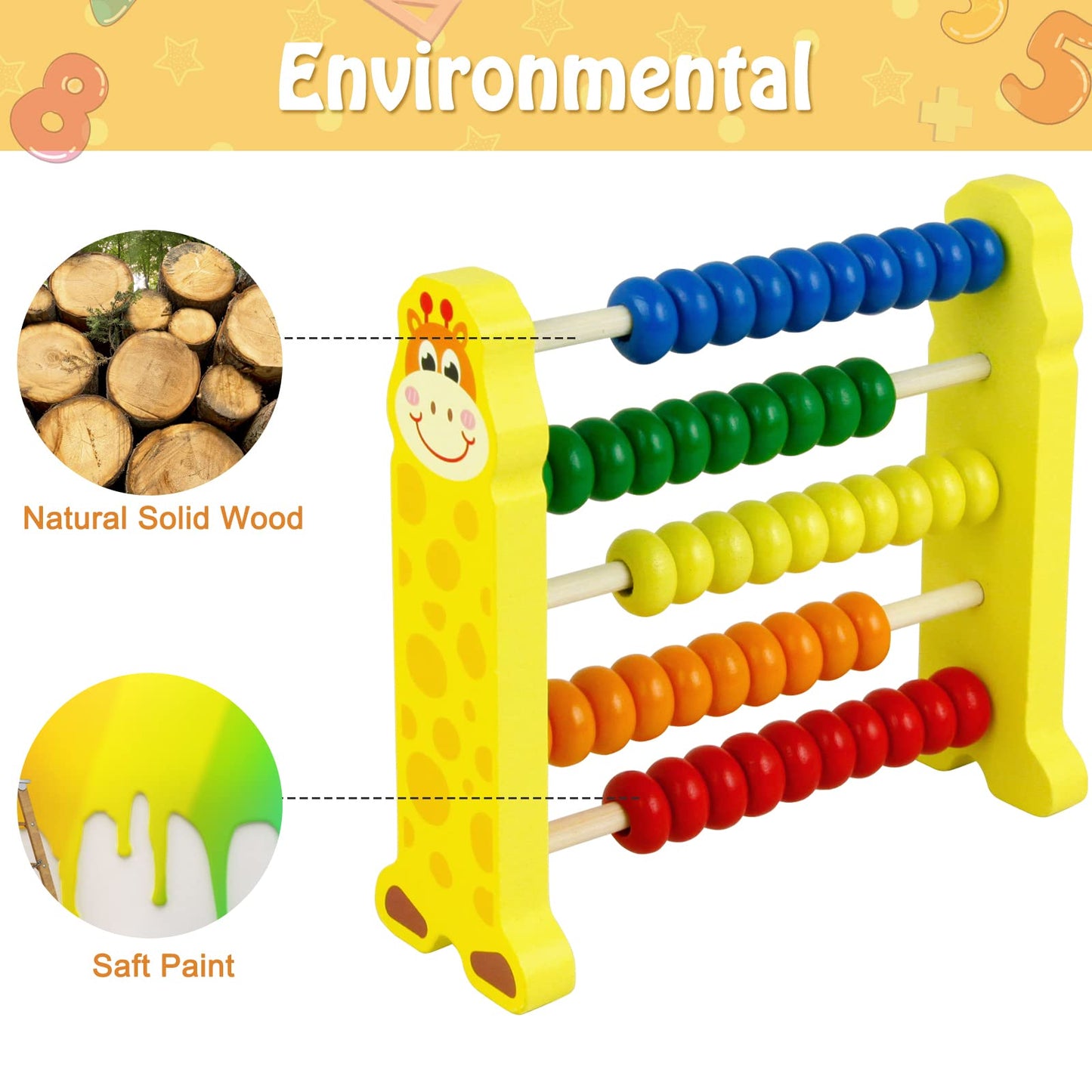 Sealive Wooden Counting Toy — 50-Bead Abacus for Kids, Giraffe Counters, Preschool Learning
