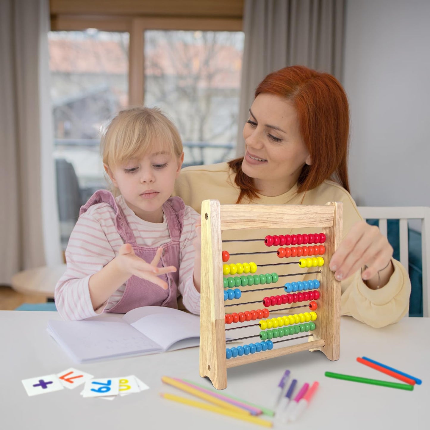 Sealive Wooden Abacus for Kids — 10-Row Counting Frame with Cards and Sticks