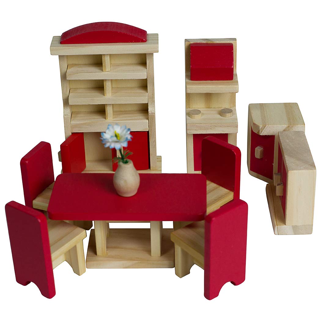 Seanmi Wooden Dollhouse Furniture – 5 Sets, 1:12 Scale, 35-Piece Dollhouse Accessories