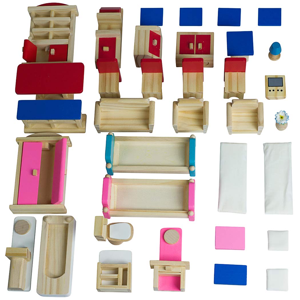 Seanmi Wooden Dollhouse Furniture – 5 Sets, 1:12 Scale, 35-Piece Dollhouse Accessories