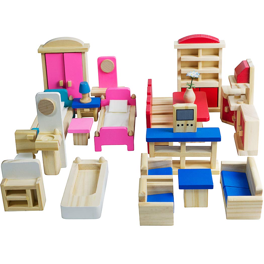 Seanmi Wooden Dollhouse Furniture – 5 Sets, 1:12 Scale, 35-Piece Dollhouse Accessories