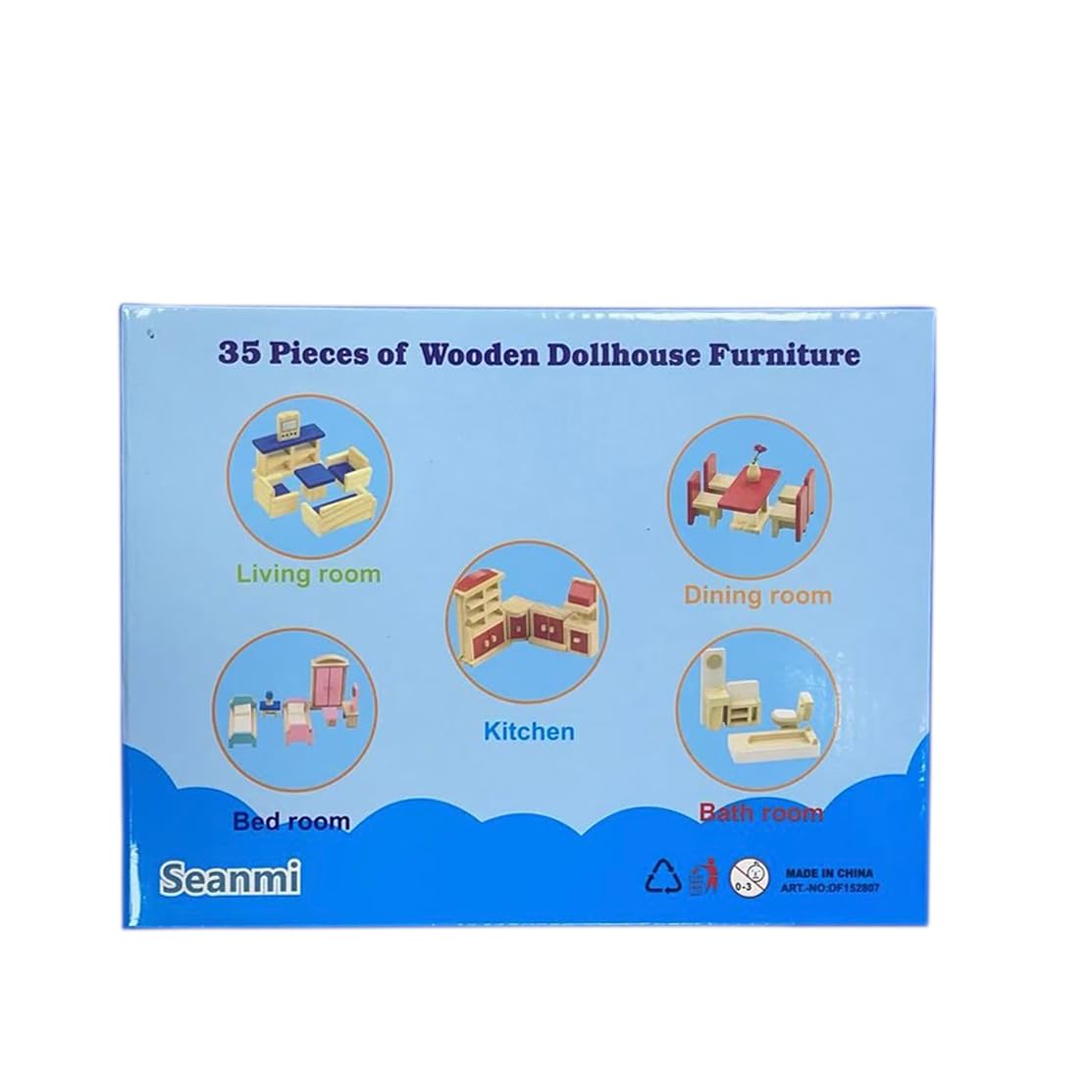 Seanmi Wooden Dollhouse Furniture – 5 Sets, 1:12 Scale, 35-Piece Dollhouse Accessories