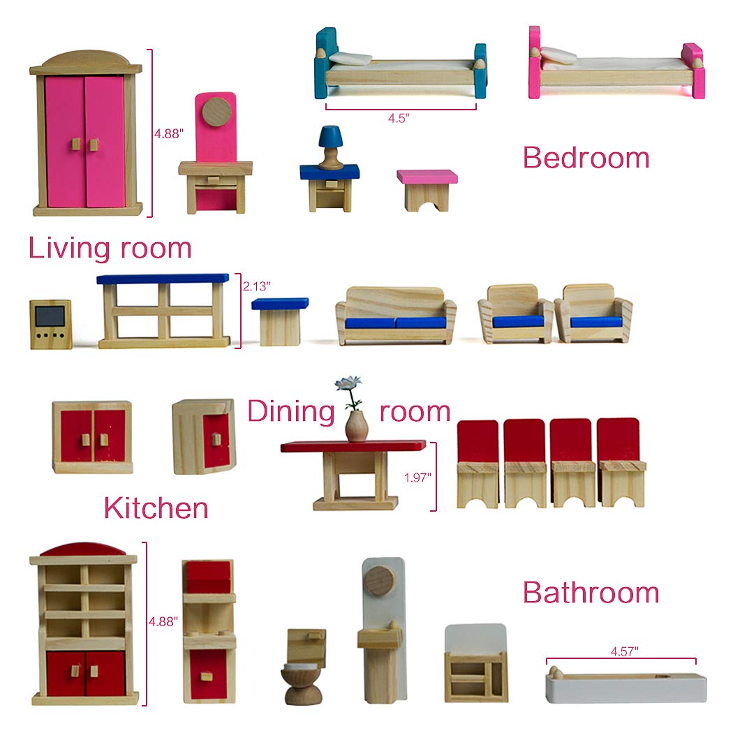 Seanmi Wooden Dollhouse Furniture – 5 Sets, 1:12 Scale, 35-Piece Dollhouse Accessories