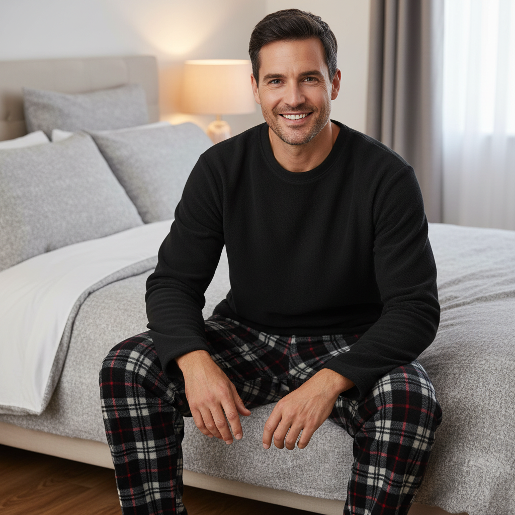 Cozy Up with Our Men's Thermal Fleece Pyjama Set - Stylish Black & Red Long Sleeve Design