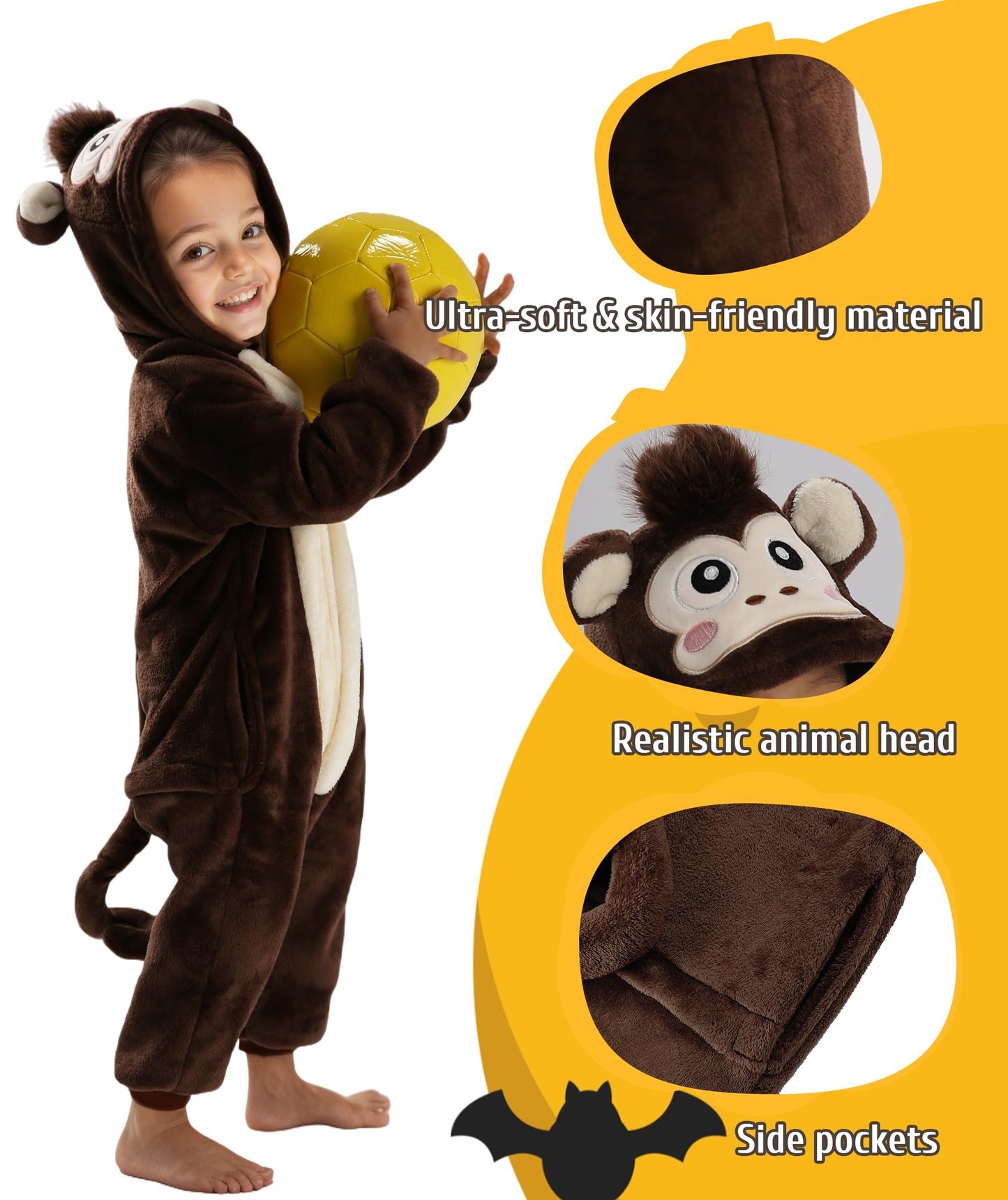 Seawhisper Monkey Costume for Kids – Plush 3D Head, Cozy Playwear (18m-9y)