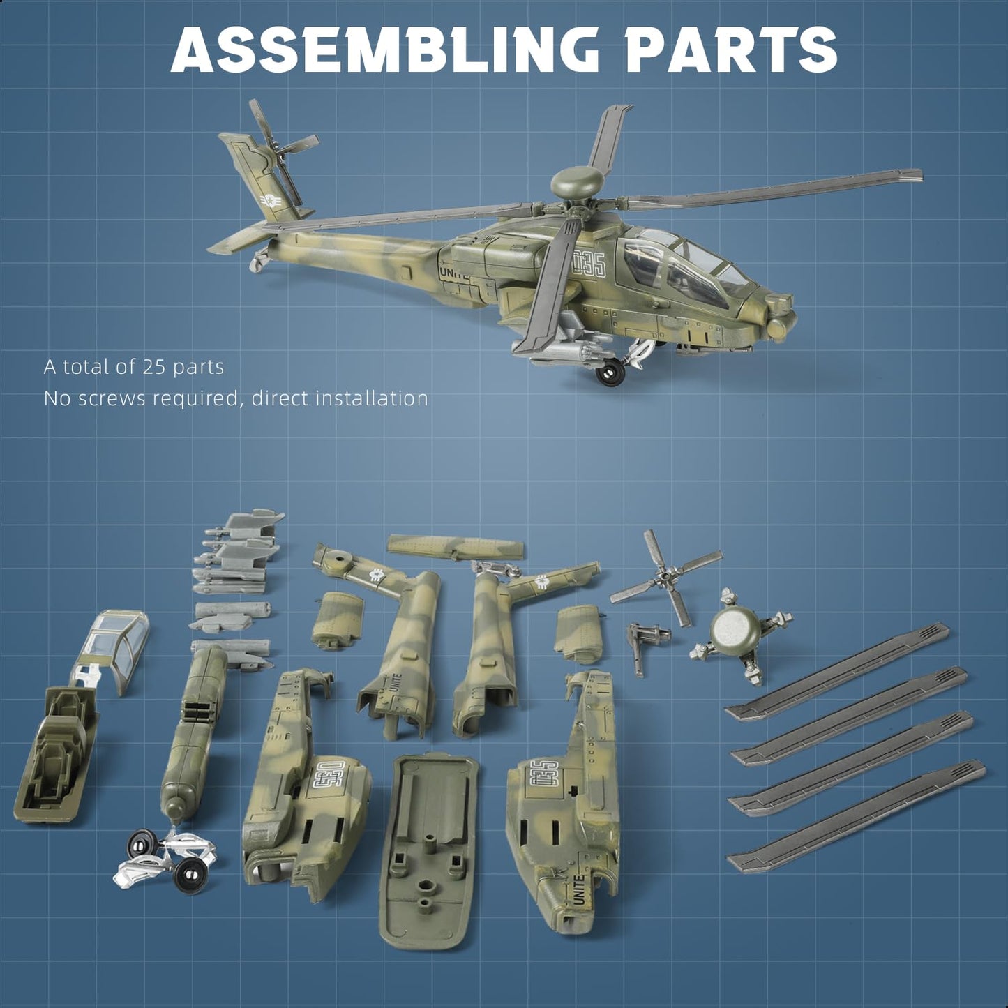 SEBUNAS 1:72 AH-64 Apache Quick Build Helicopter Model Kit – 25 Pieces | Easy Assembly Toy for Kids and Collectors