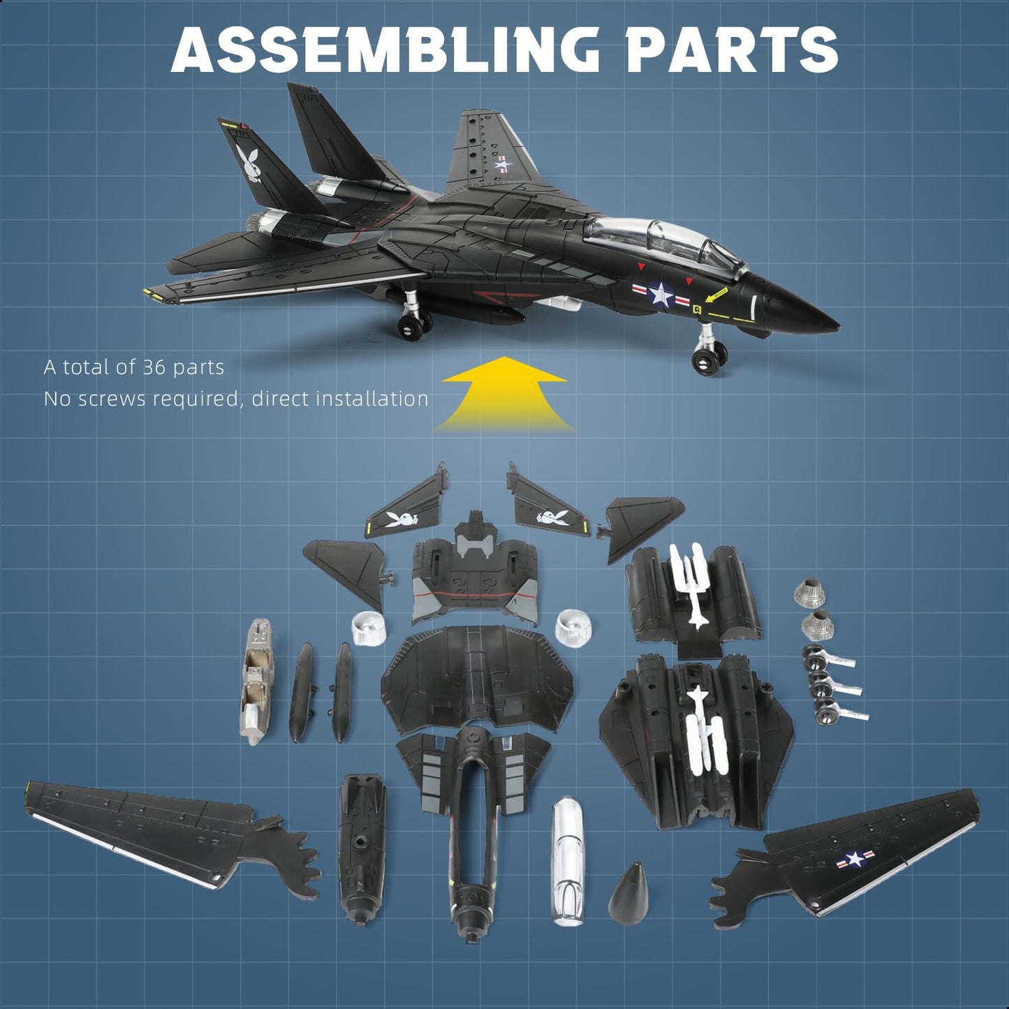 SEBUNAS 1:72 Scale F-14 Tomcat Fighter Jet Quick Build Model Kit (Black) – 36pcs, Easy Assembly, Display Stand