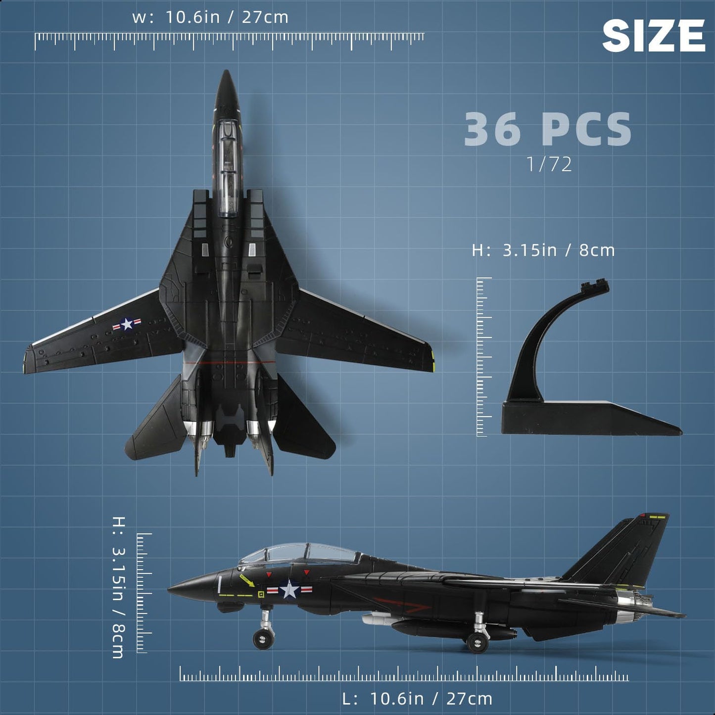 SEBUNAS 1:72 Scale F-14 Tomcat Fighter Jet Quick Build Model Kit (Black) – 36pcs, Easy Assembly, Display Stand