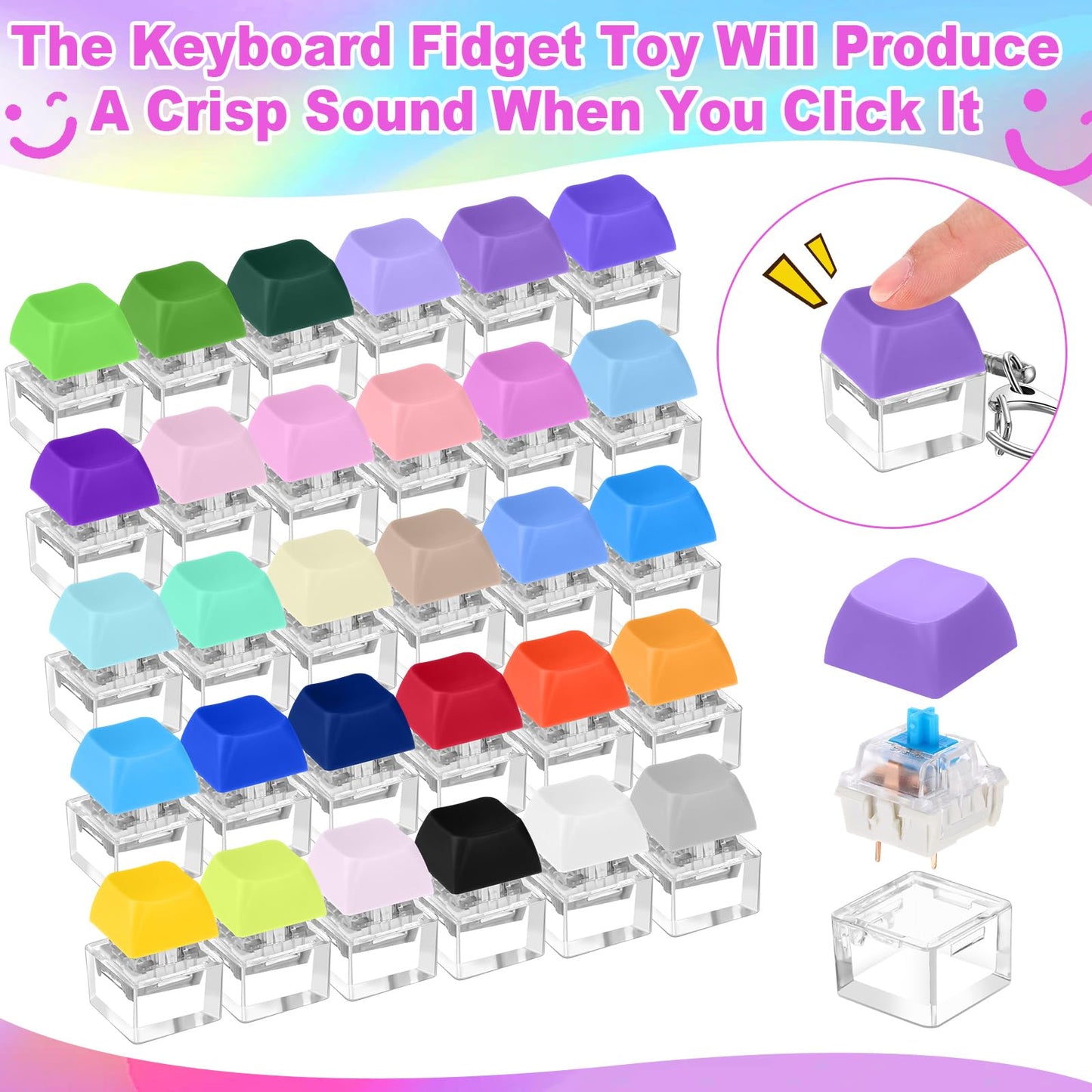 Seeloowy Keyboard Fidget Toy – 60-Piece Vibrant Color Clicker Keychain